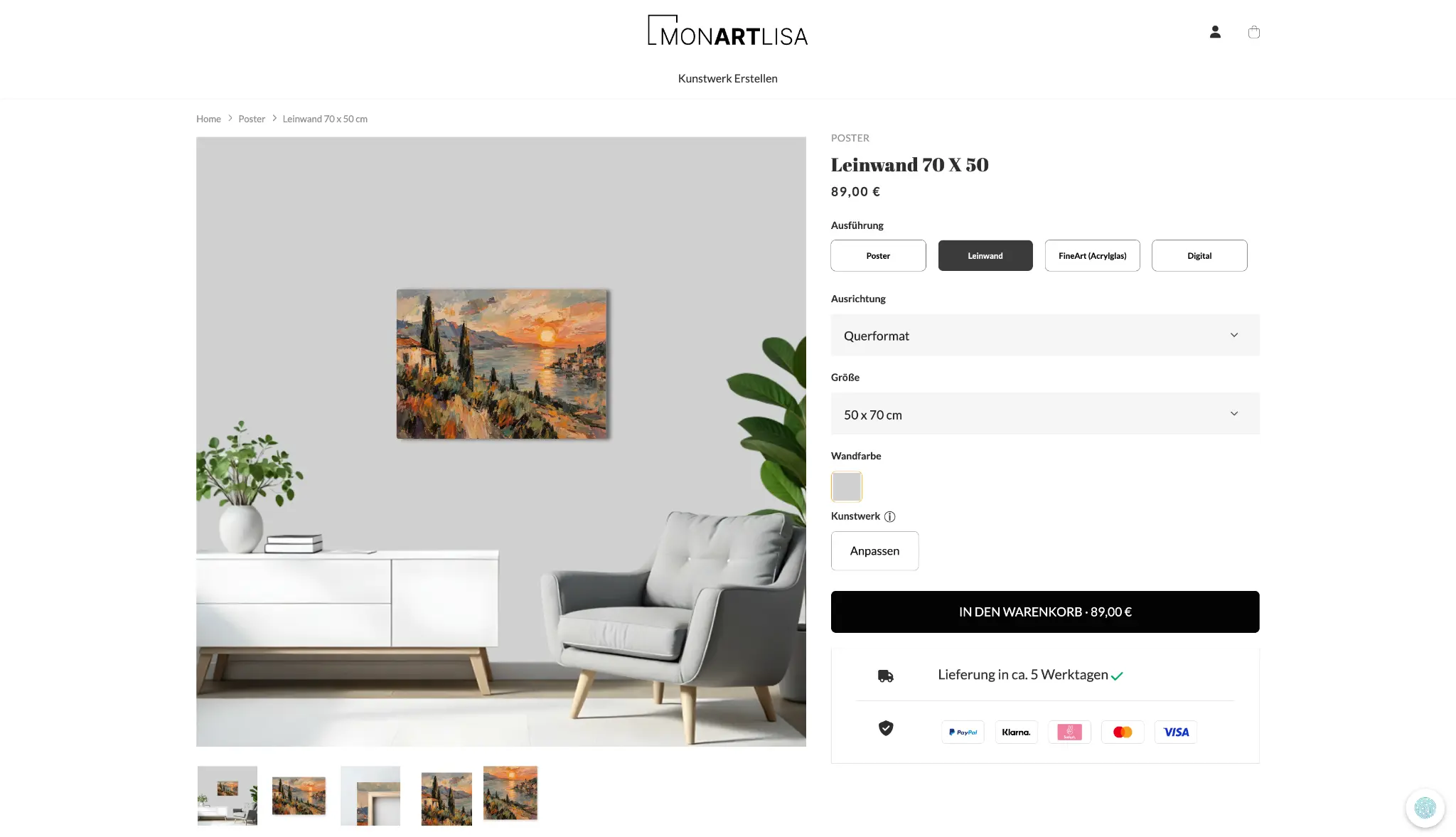 MonArtLisa product page for canvas and fine-art print