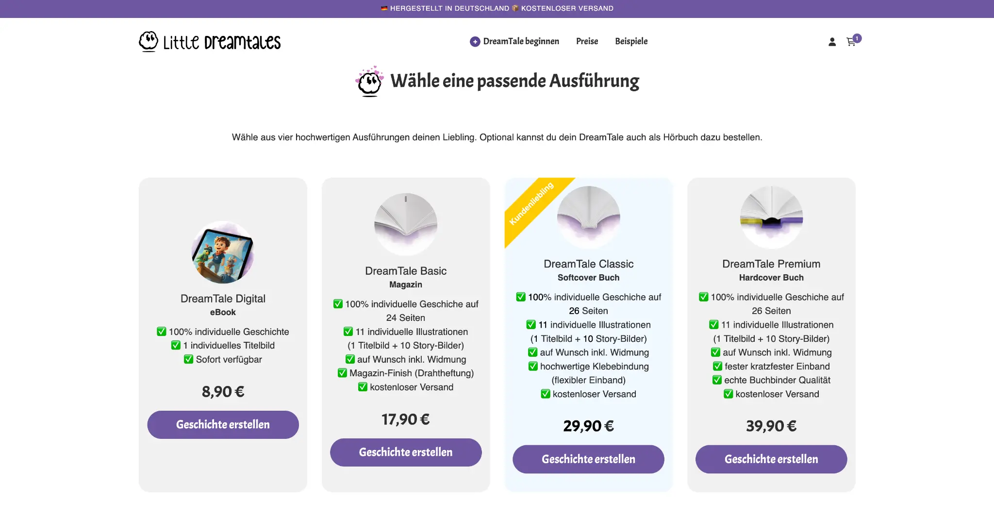 Auswahl der Buchausführung im Little-Dreamtales-Shop